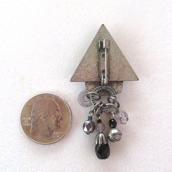 Vintage hammered pewter tone geometic metal brooch with dangling beads-lapel pin - Picture 2 of 5